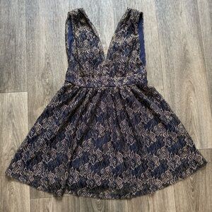 Lulus Tawny Navy Blue Metallic Lace Skater Dress Sz M